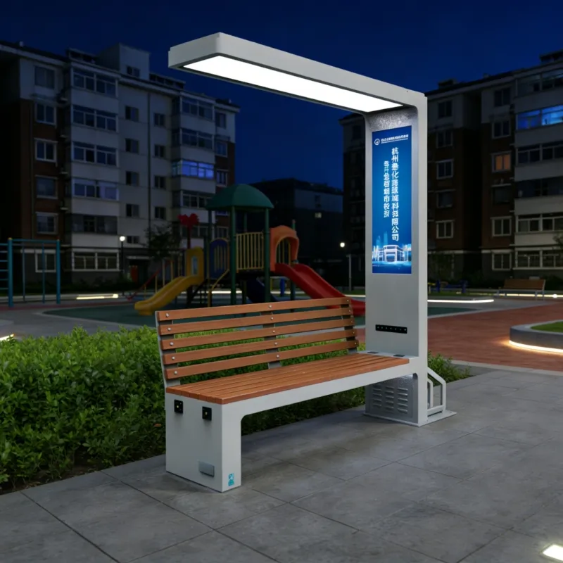 Smart solar bench with solar power generation and mobile phone charging.