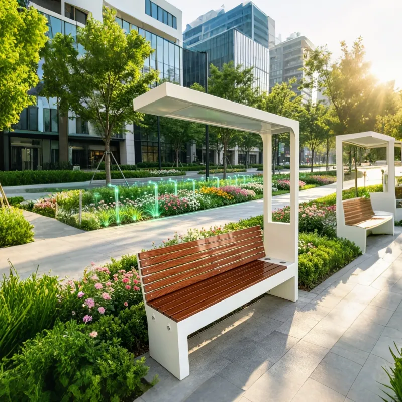 Smart solar bench with solar power generation and mobile phone charging.