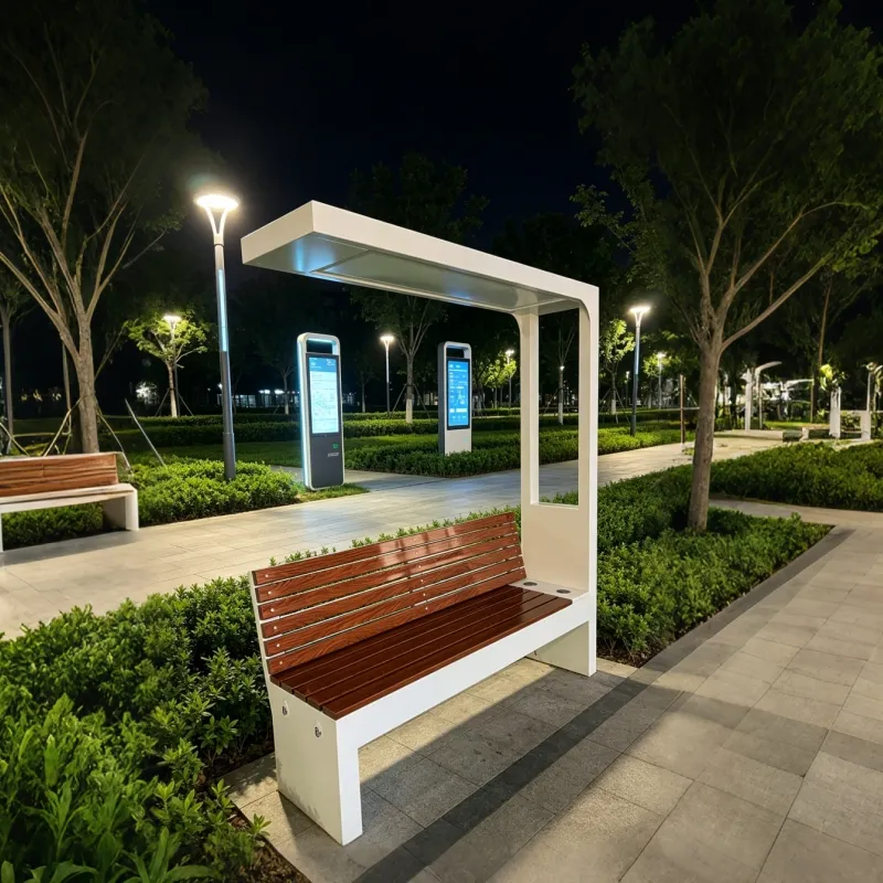 Smart solar bench with solar power generation and mobile phone charging.
