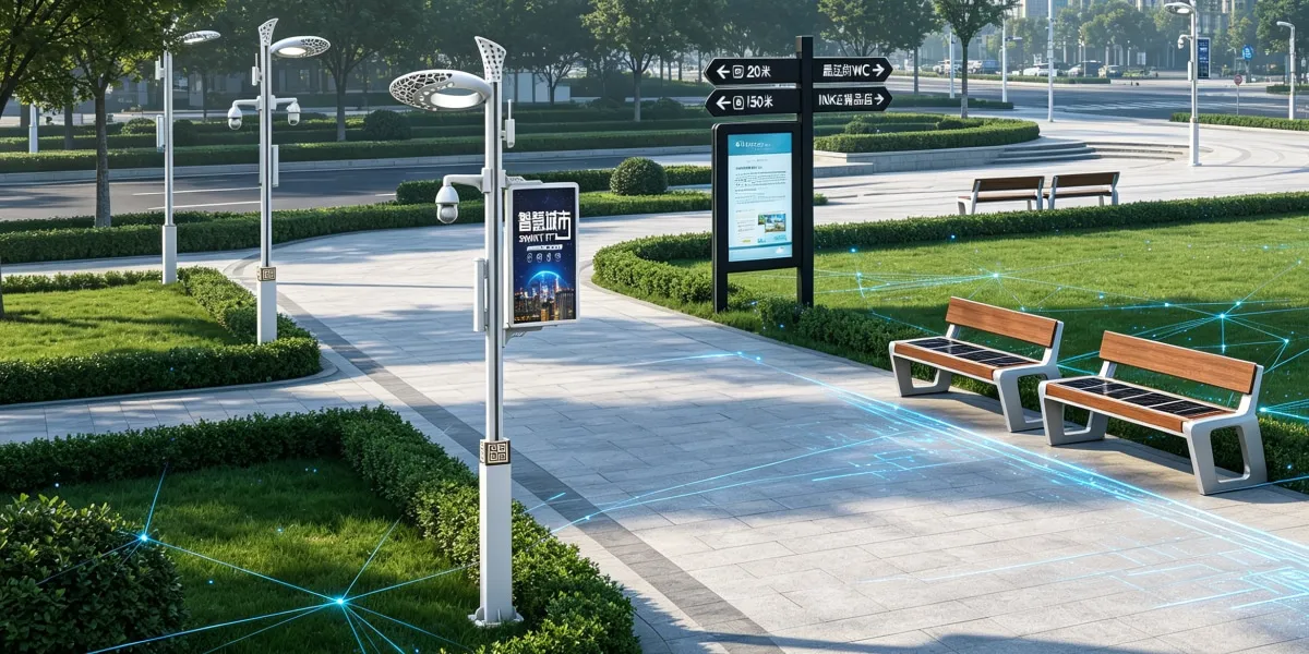 The picture shows smart light poles, smart solar benches, smart trash bins, and other products produced by Hangzhou Sanqian Smart City Technology Co., Ltd.